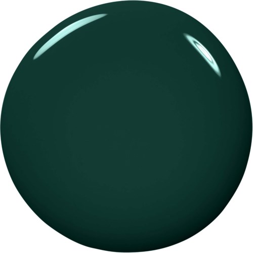A shiny, dark green spherical object, possibly a ball, with reflections on its surface.