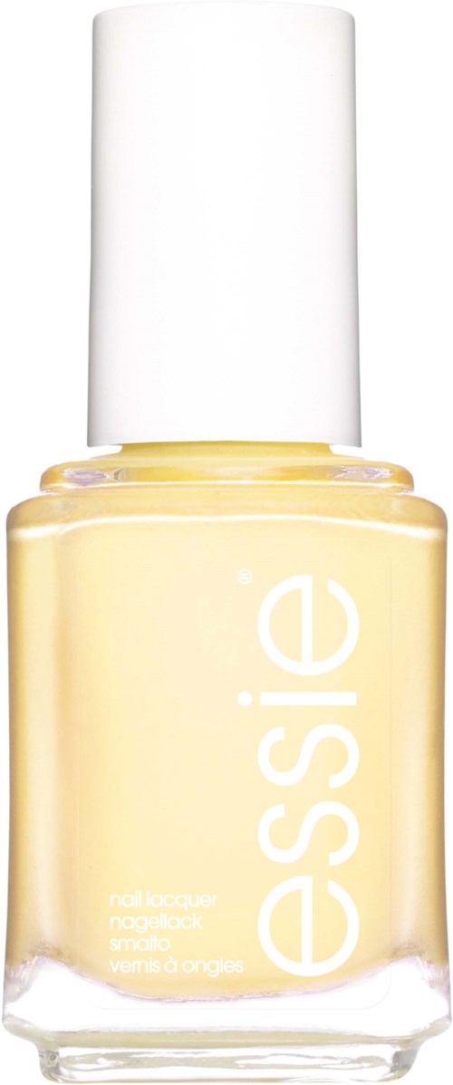 A bottle of light yellow nail polish from Essie with a white cap.