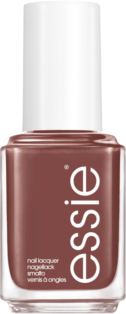 A bottle of brown nail polish with a white cap and the brand name "essence" on it.
