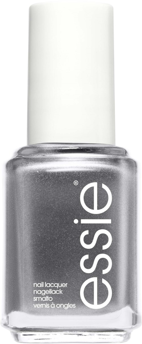 A silver nail polish bottle with a white cap, displaying the brand name 'essie' vertically.