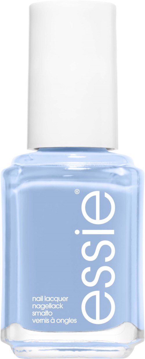 A light blue nail polish bottle with a white cap and the word 'essie' written vertically.