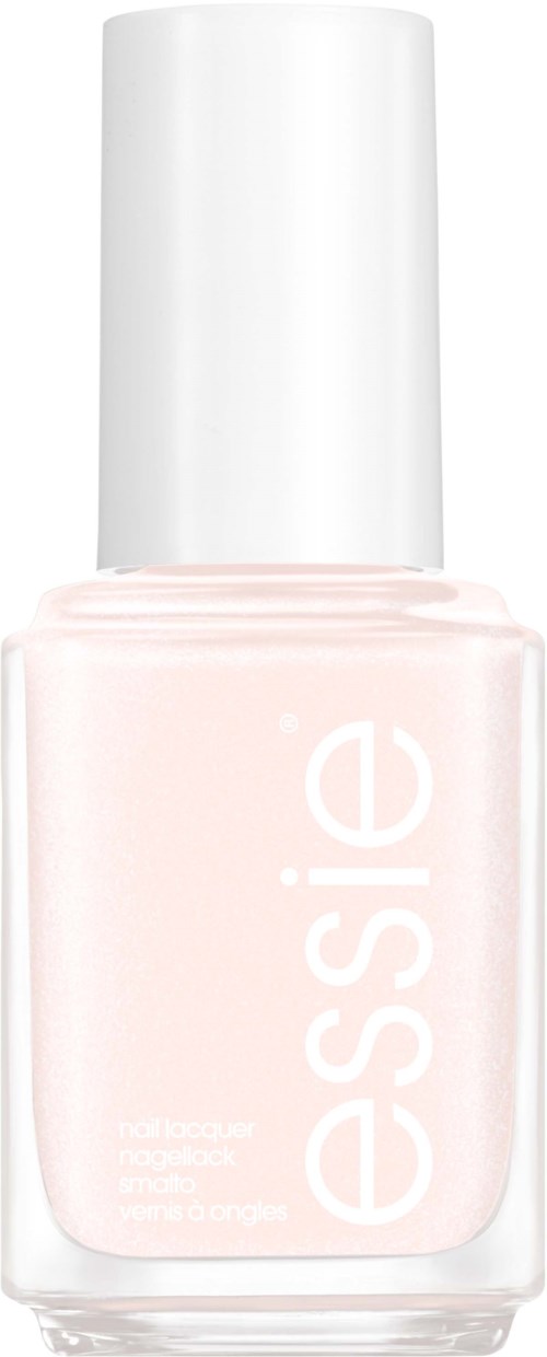 Een flesje lichtroze nagellak met witte dop en het woord "essence" op de voorkant.