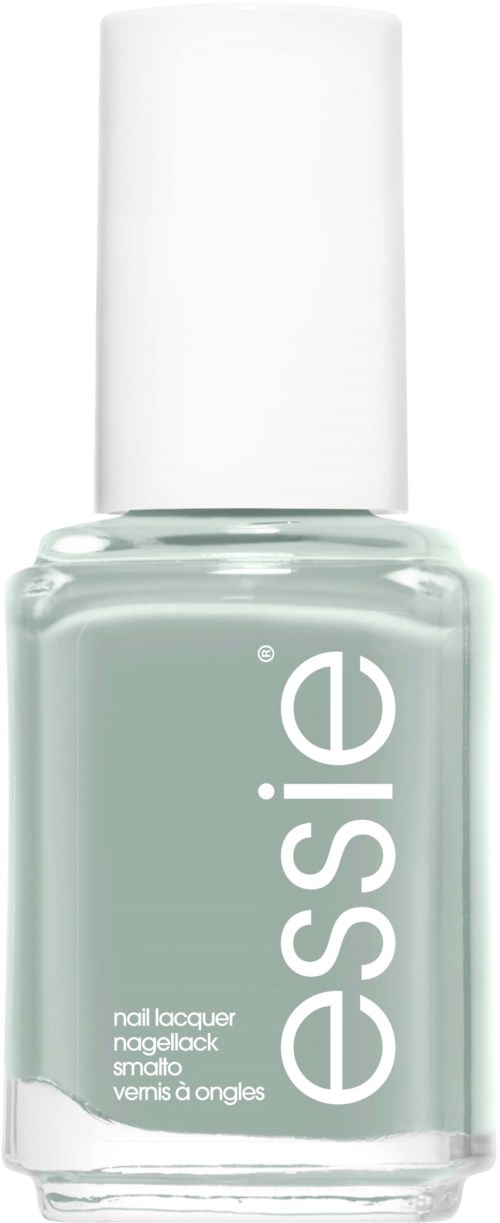 En liten flaska nagellack med vit lock och ljusgrönaktig färg. Varumärket 'essie' är skrivet vertikalt.