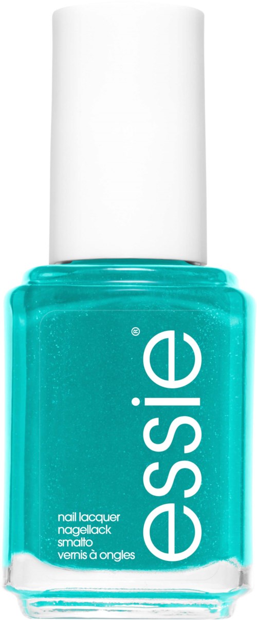 En flaska turkos nagellack med vitt lock, märkning som säger 'essie's' i vitt.
