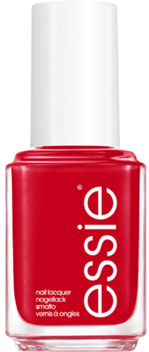 Een rood nagellakpotje met een witte dop, gemarkeerd "essence" verticaal.