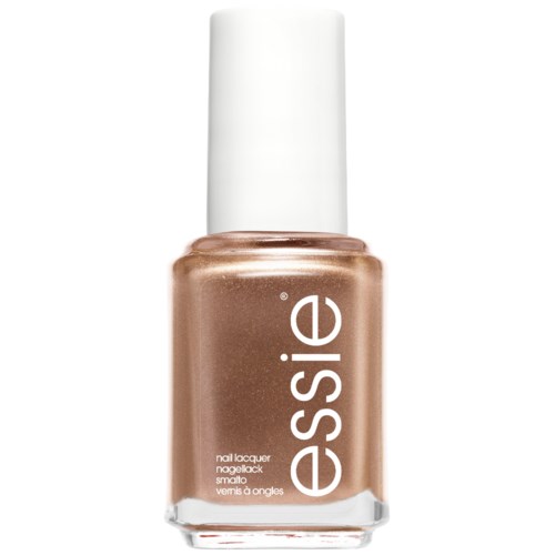 En flaska nagellack i metallicguld nyans med vit kork, märkt 'essence'.