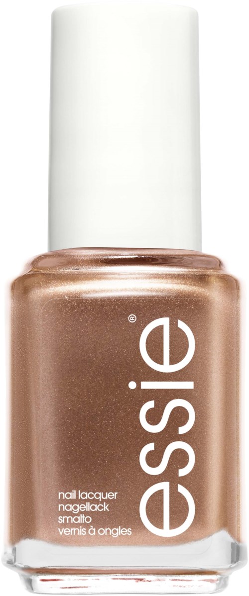 En flaska nagellack i nudefärg med vit kork, märkt 'essie' och 'nail lacquer.'