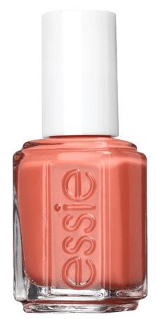 En korallfärgad nagellackflaska med vitt lock och märket Essie.