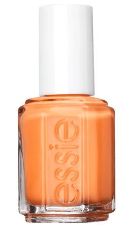 En flaska orange nagellack med vit kork och varumärke på glaset.