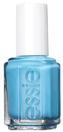 En flaska ljusblå nagellack med vit kork, märkt 'essence.'