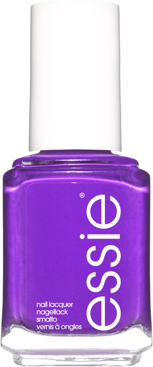 En lila nagellackflaska med vit kork och ordet "Essie" skrivet vertikalt.