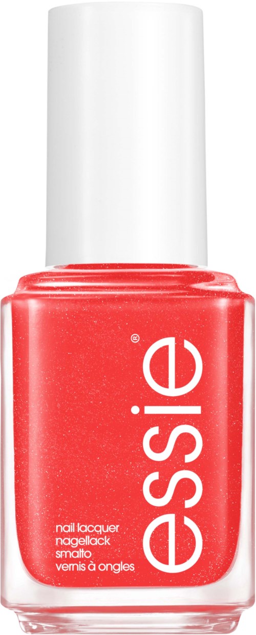 A bottle of bright coral nail polish from the brand Essie with white cap.
