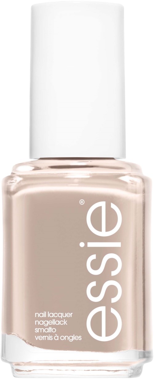 A beige nail polish bottle with a white cap and the word 'essie' on it.