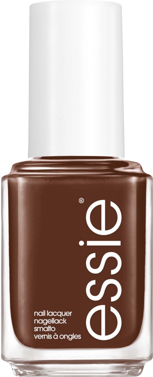 A brown nail polish bottle with white cap, labeled 'essence' and 'nail lacquer' on the front.