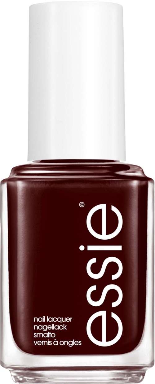 A bottle of dark red nail polish with white cap and vertical white 'essie' logo.