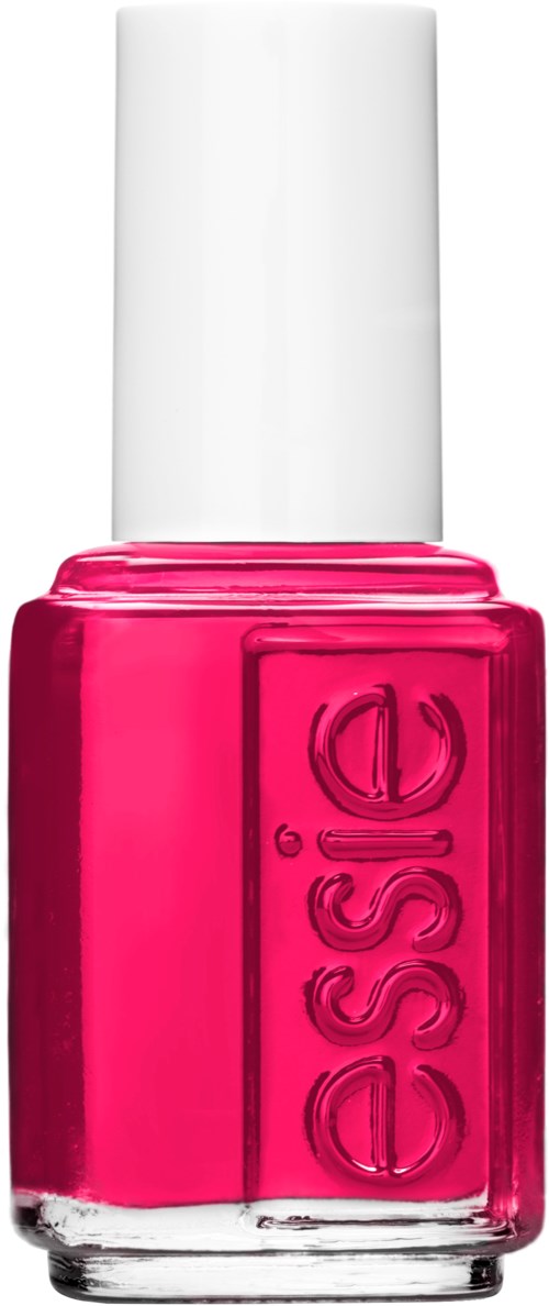 En rosa nagellackflaska med vit kork och märket 'essie' inpräglat på flaskan.