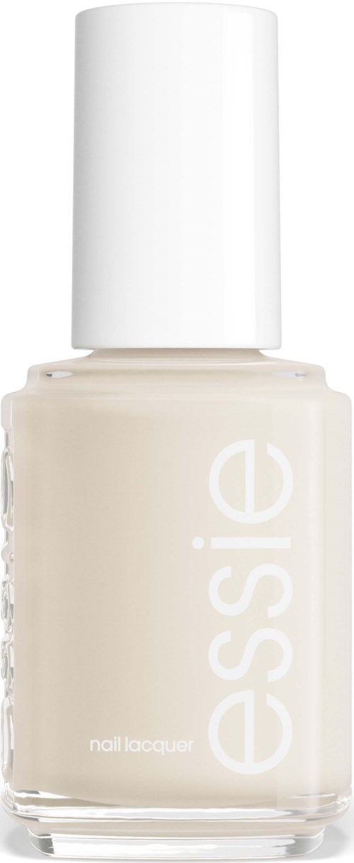 En vit nagellacksflaska med vit kork och märket 'essie' på.