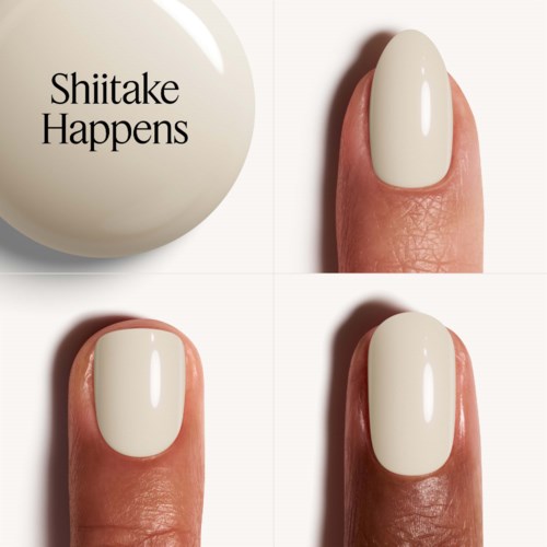 En vit boll med texten "Shiitake Happens" och tre närbilder av ett finger med vit nagellack.
