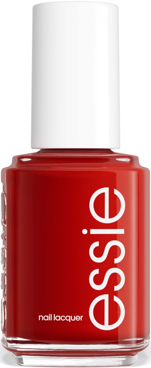 Red nail polish bottle with white cap and 'essie' brand name vertically on the front.