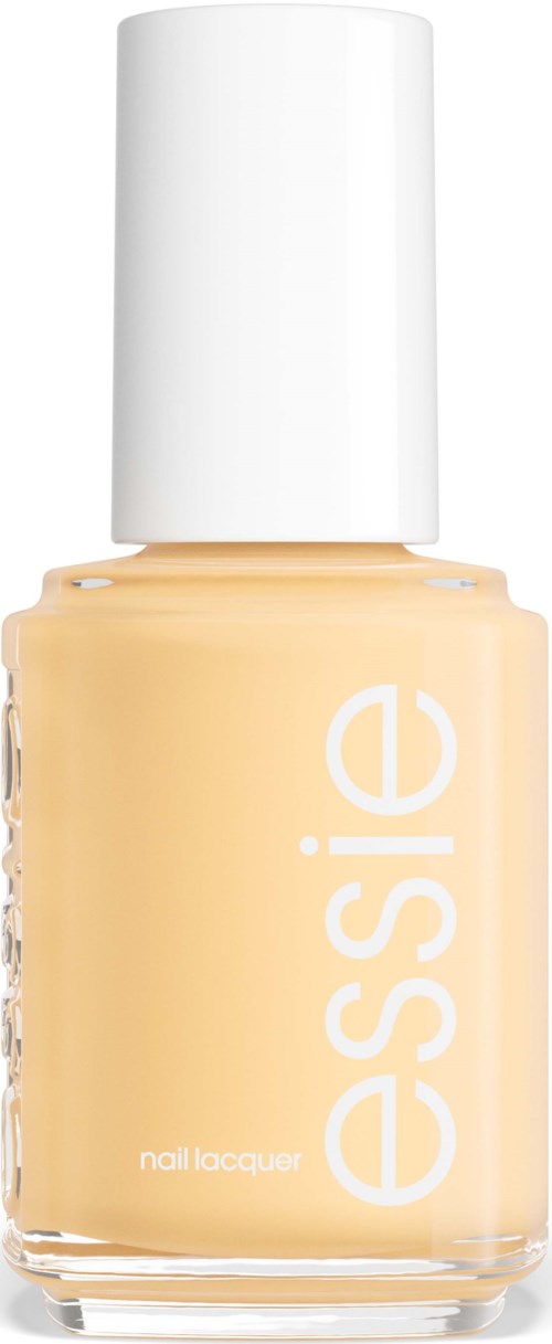 A bottle of beige nail polish with a white cap and the word 'essie' on it.