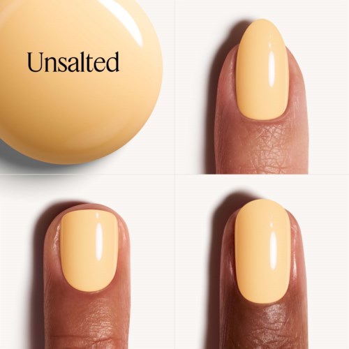 Unlabeled nail polish bottle and three fingers with yellow nail polish. The fingers show different angles. The bottle is round.