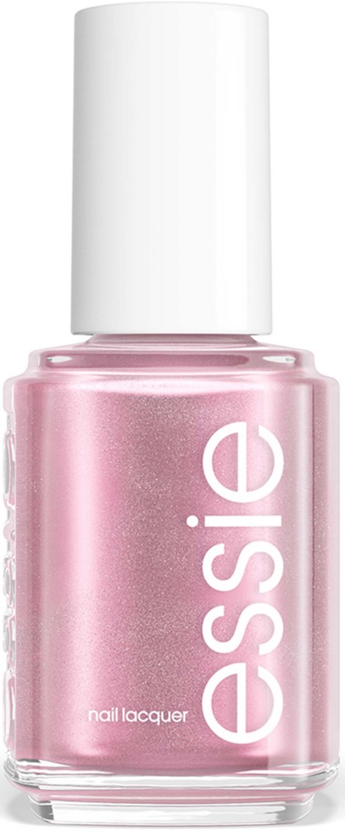 Pink nail polish in a clear bottle with a white cap, labeled as Essie nail lacquer.