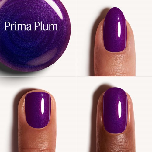 Purple nail polish swatch on a finger next to the nail polish jar labeled Prima Plum.