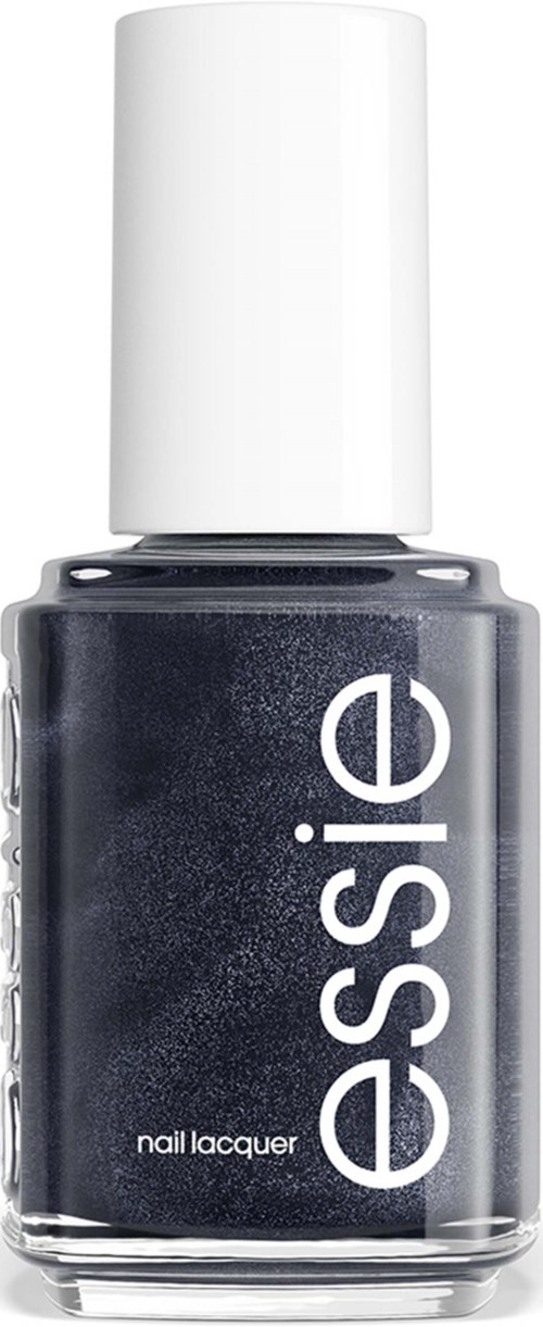 Dark gray nail lacquer bottle with white cap and white text reading "essence" and "nail lacquer."