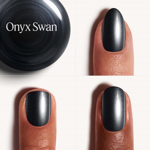 A black nail polish bottle labeled Onyx Swan and a close-up of a finger with black nail polish.