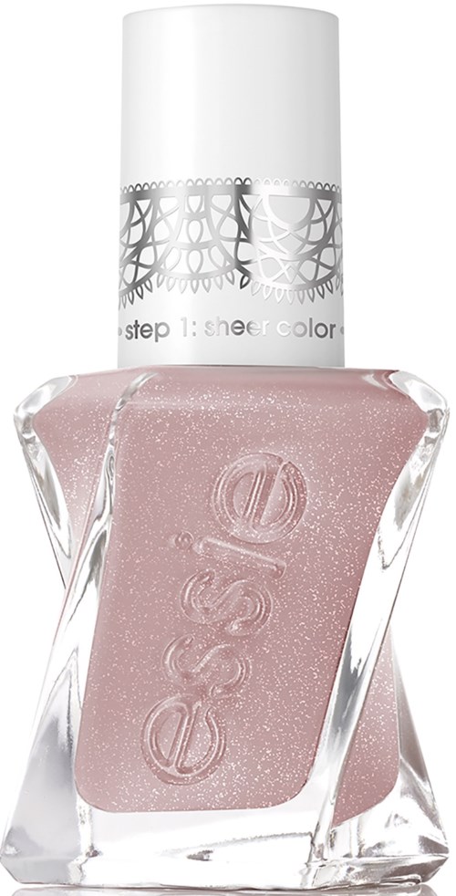 En rosa nagellackflaska med vit lock och dekoration. Nagellacket verkar glittrigt.