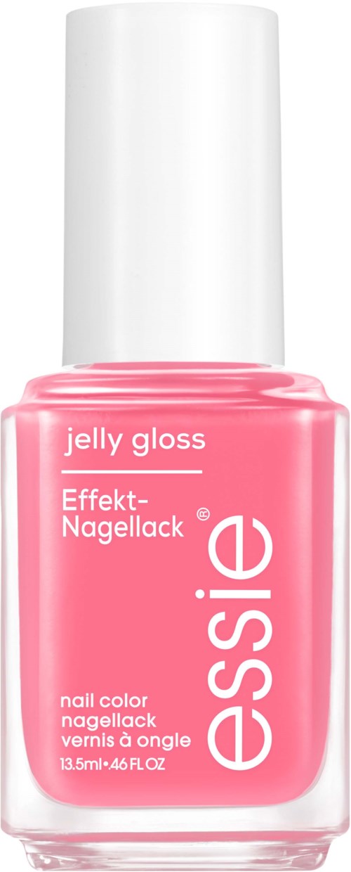 Färgat nagellack i rosa med vit krage, märkt 'essie', 'effect', 'gel gloss' och 'nail color'.