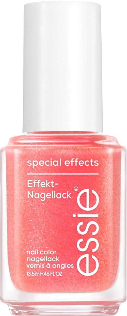 A bottle of pink Essie nail polish with a white cap. It says 'special effects' and 'Effekt-Nagellack' on the bottle.