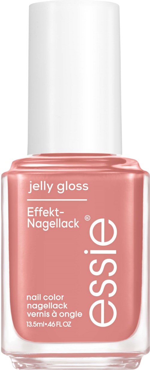 A pink nail polish bottle with white cap, labeled as "essie" with "jelly gloss" and "lackle".
