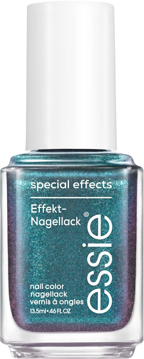 A bottle of Essie special effects nail polish with shiny, teal, and purple glitter. White cap on top.