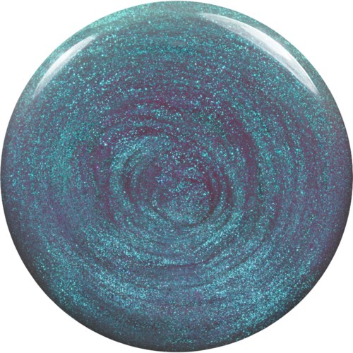 A shiny, circular, glittery blue-green surface with swirling patterns and a glossy reflection on top.