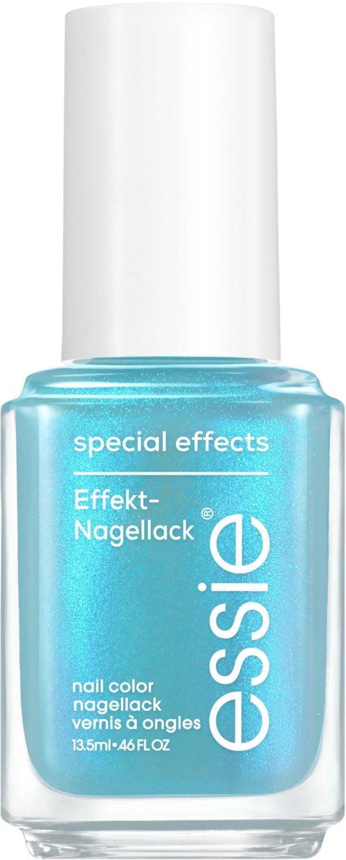 En klar blå nagellackflaska med vit kork från Essie, märkt 'special effects' och 'Effekt-Nagellack.'