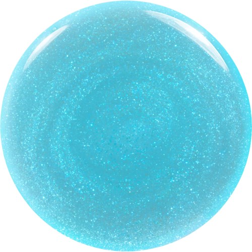 En glansig blå sfär med glitter inuti, som en lysande ädelsten eller dekorativ boll.