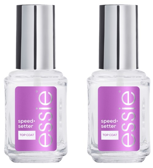 To flasker med Essie Speed Setter Top Coat neglelakk med sølvhatter og lilla etiketter.