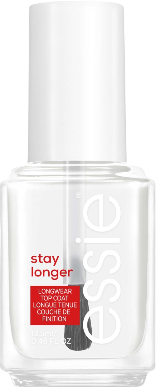 Clear nail polish bottle with white cap, red and black text. It says 'stay longer' and 'longwear top coat' on it.