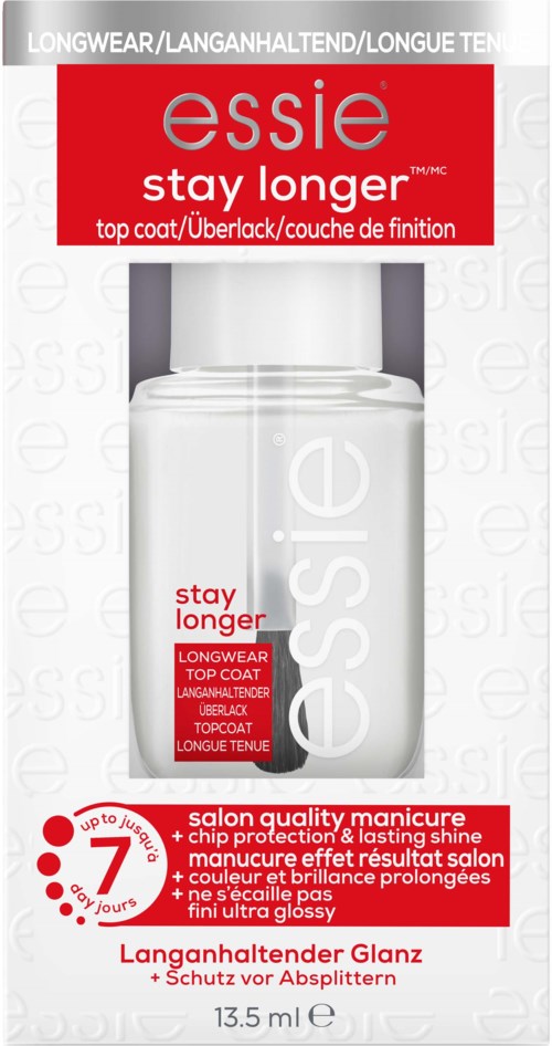 A nail polish bottle labeled 'essie stay longer' for long-lasting top coat. Red, white, and clear design. Contains 13.5 ml.