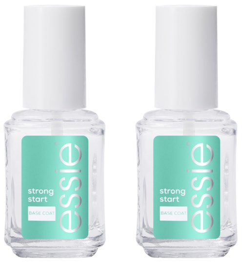 To flasker med klart neglelakk med hvite lokk og teal-etiketter som sier 'essence strong start base coat.'