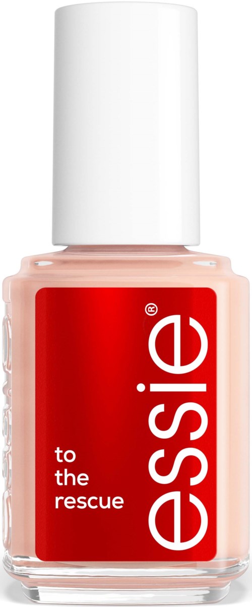 Bright peach-colored nail polish bottle with a white cap and red label. The label says "essence" and "to the rescue."