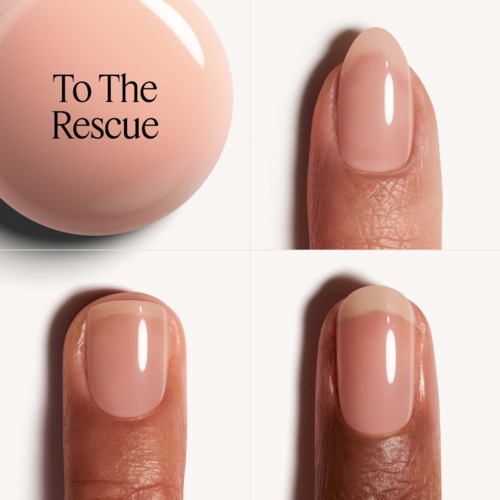 Four images: a beige nail polish bottle with 'To The Rescue' text and three close-up of fingernails, polished and neat.