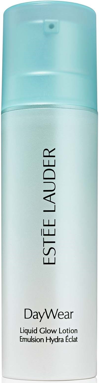 A white bottle of Estée Lauder DayWear Liquid Glow Lotion with a light blue cap.
