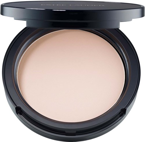 Open compact with light beige pressed face powder inside. Black lid partially visible.