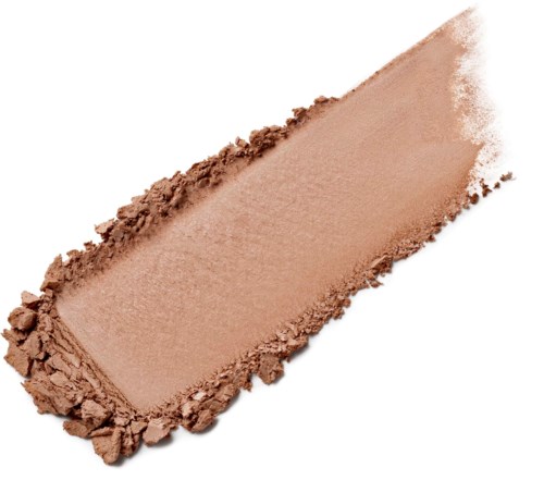 A crushed beige powder makeup swatch with rough edges and a smooth center on a white background.