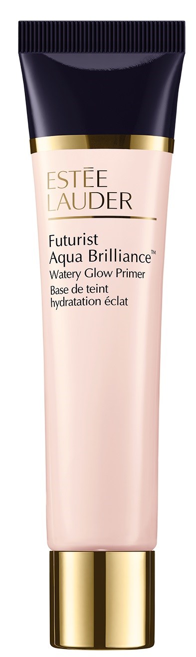 Een roze tube met een donkere dop, gelabeld Estée Lauder Futurist Aqua Brilliance, een glow primer voor hydratatie.