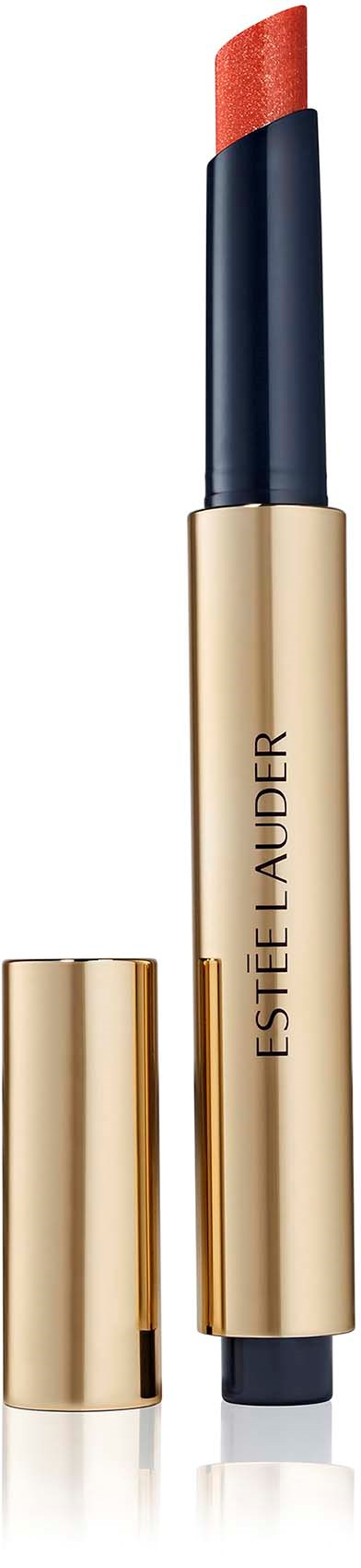 Lipstick with beige and black casing, with the cap removed showing the coral-colored lipstick.