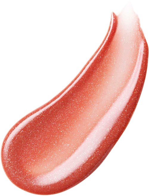 A shiny, peach-colored lip gloss with glitter, shaped like a curved streak.