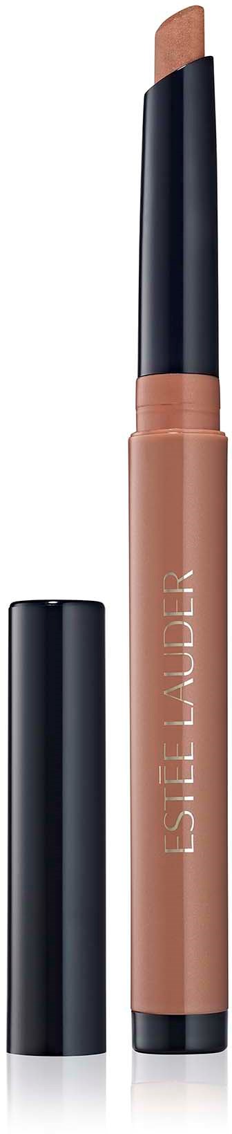A beige lipstick with a black cap, with the cap removed to show the lipstick. Leslie Muder branded.